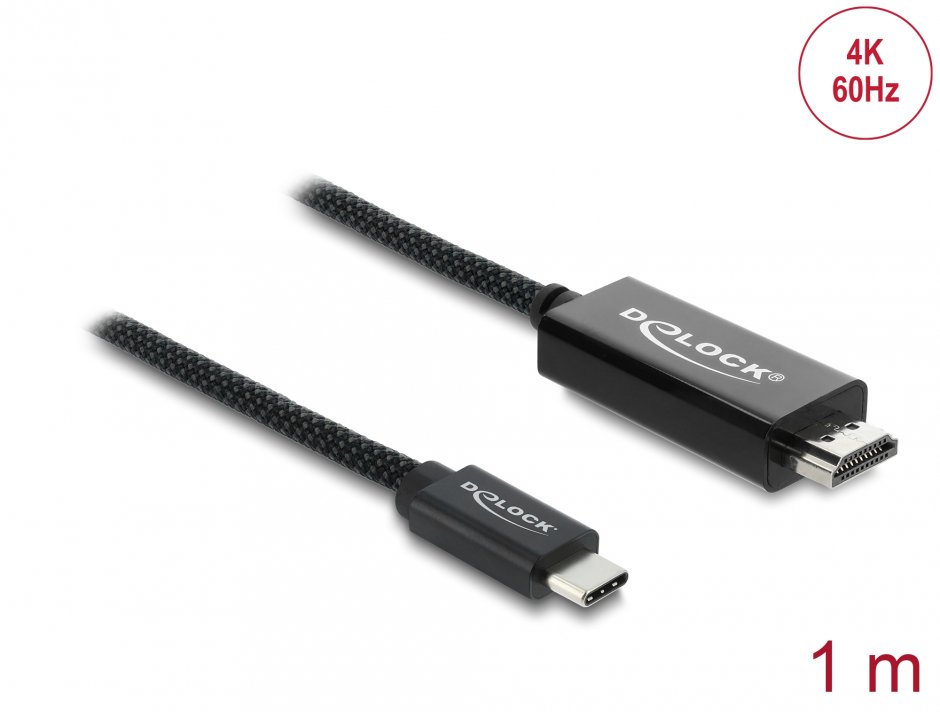 Cablu Coaxial USB Type C la HDMI (DP Alt Mode) 4K60Hz brodat 1m Negru, Delock 81703