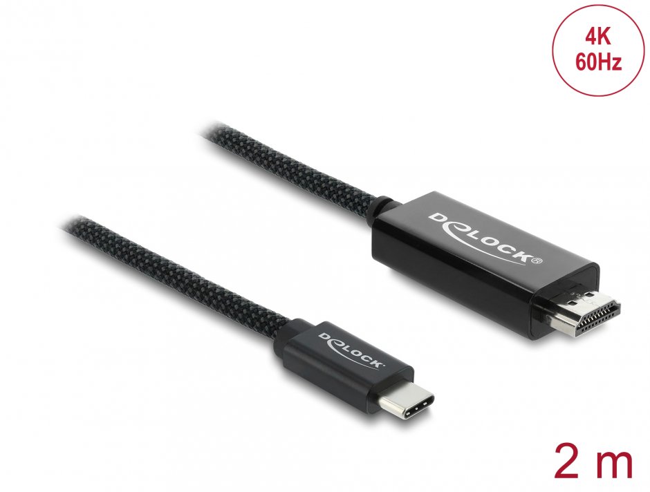 Cablu Coaxial USB Type C la HDMI (DP Alt Mode) 4K60Hz brodat 2m Negru, Delock 81704