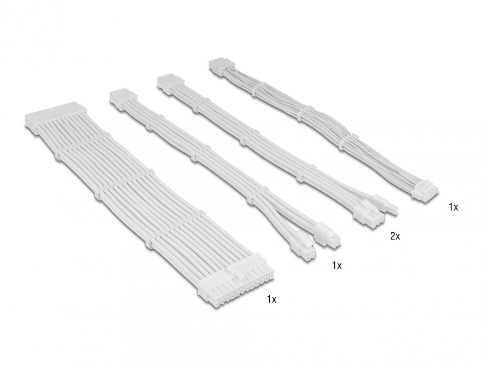 Set 5 prelungitoare alimentare PSU 24 pini ATX/12+4 pini 12VHPWR PCIe 5.0/4+4 pini EPS/2x 6+2 pini PCIe brodat Alb 30cm, Delock 84542