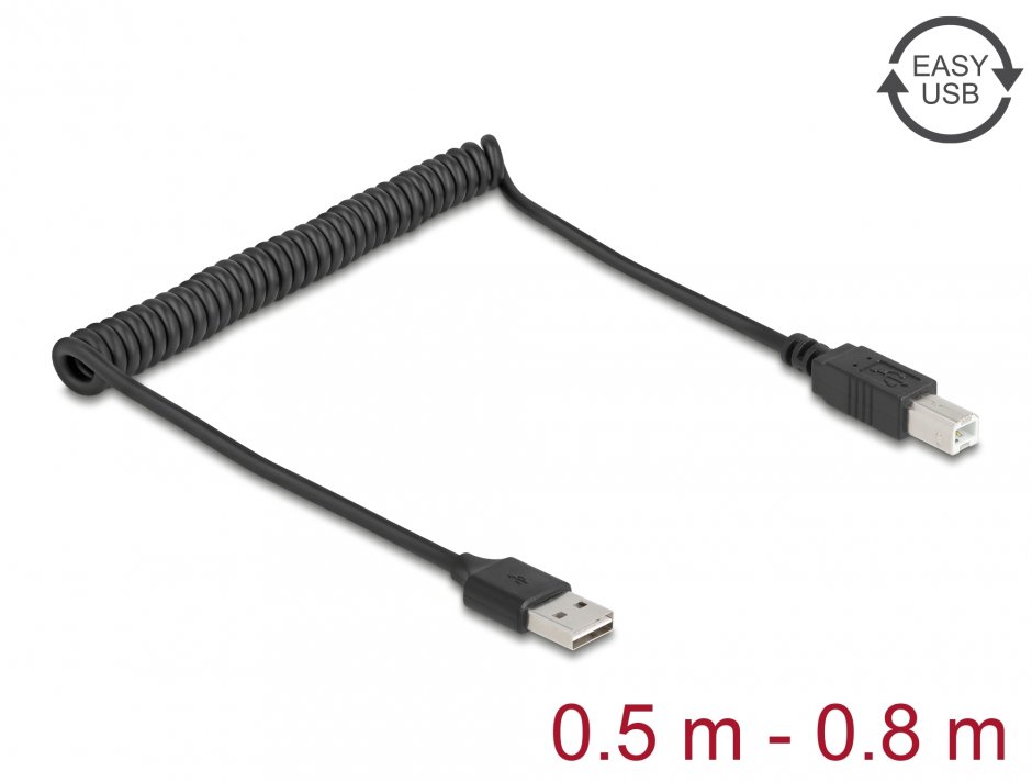 Cablu spiralat EASY USB 2.0-A la USB-B T-T max 0.8m, Delock 90130