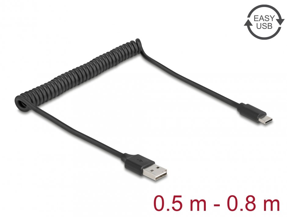 Cablu spiralat EASY USB 2.0-A la USB type C T-T max 0.8m, Delock 90133