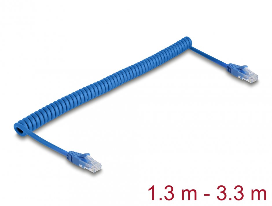 Cablu spiralat RJ45 Cat.6 UTP max 3.3m Albastru, Delock 90363