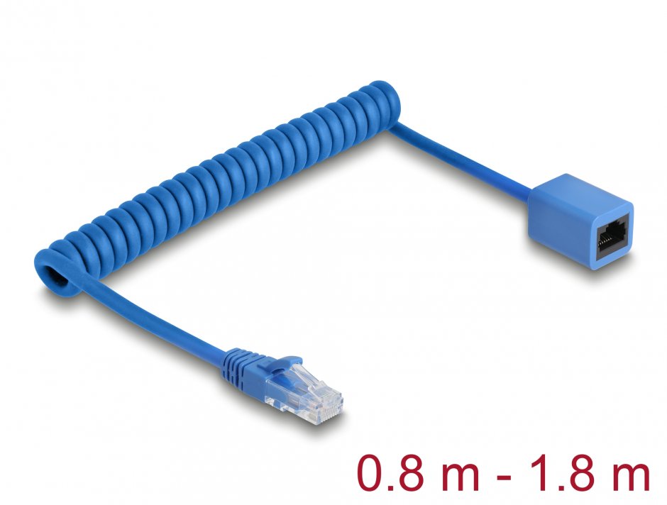 Cablu prelungitor spiralat RJ45 Cat.6 UTP max 1.8m Albastru, Delock 90366