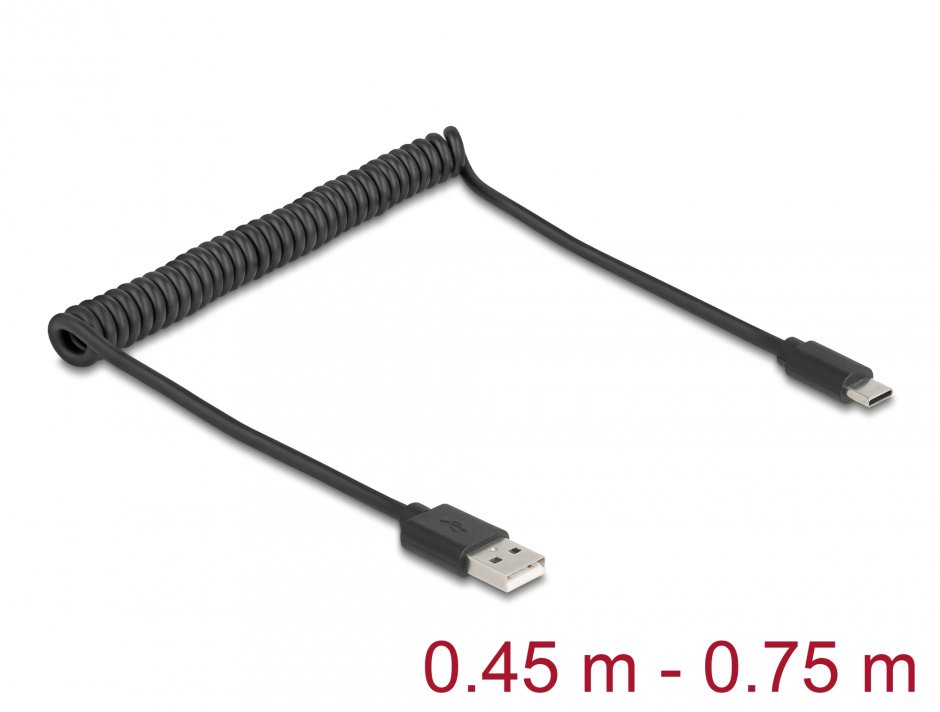 Cablu spiralat USB 2.0-A la USB type C T-T max 0.75m, Delock 90368