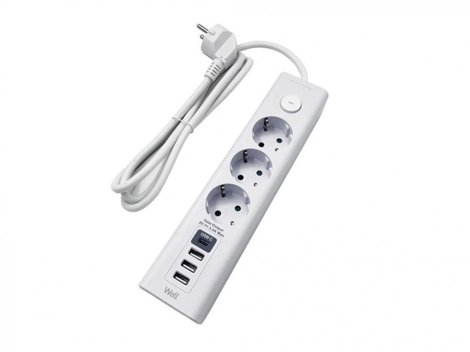 Prelungitor cu 3 x Schuko + 1 x USB type C + 3 x USB-A 3m Alb, EXTS-3S3M-USBC4-WL