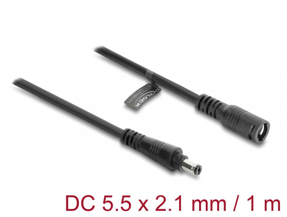 Cablu prelungitor alimentare 5.5 x 2.1mm cu blocare T-M 1m Negru, Delock 67389